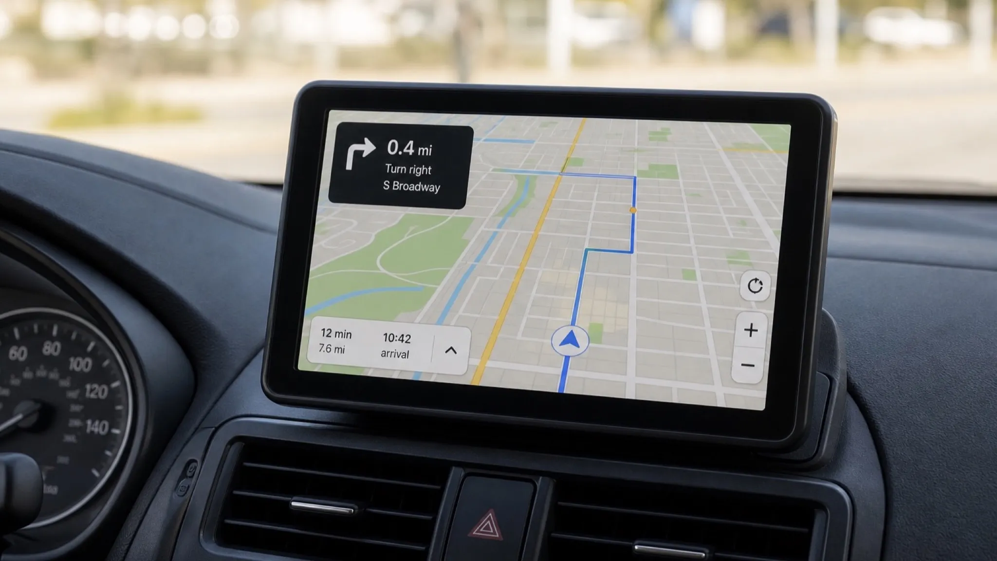 Dashboard navigation screen with a route map